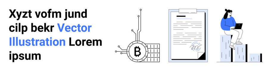 Bitcoin symbol with circuit connections and blocks, document on clipboard, and woman using laptop on bar graph. Ideal for finance, cryptocurrency, blockchain, business analysis, tech industry, online