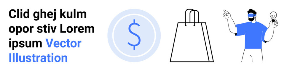 Character with light bulb and VR headset, dollar currency symbol, and shopping bag. Ideal for online shopping, e-commerce platforms, digital innovation, virtual reality, marketing, business strategy