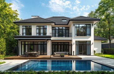 Fototapeta premium A large white house featuring a spacious swimming pool in the backyard