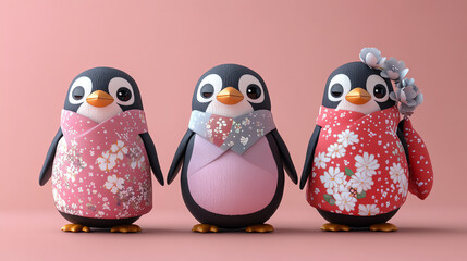 Fototapeta premium Three adorable penguins wearing colorful outfits, showcasing a playful and charming design on a soft pink background.