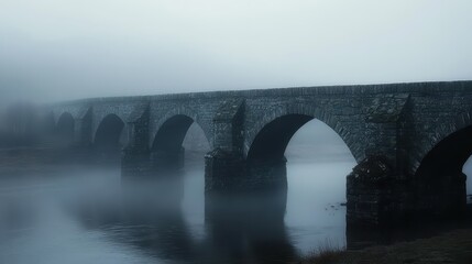 Fototapeta premium old stone bridge going over a river in fog, ancient bridge over the water