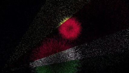 Seychelles flag - Waving flag on celebrating fireworks for national holiday day. Ceremony for patriotic celebration of nation 