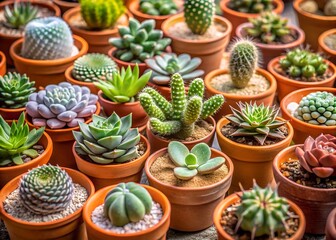 Small Succulents and Cacti in Terracotta Pots.