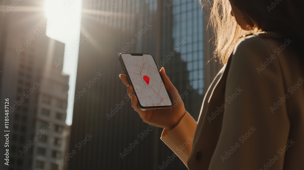 Poster Businesswoman holding smartphone displaying navigation app with red location pin, standing in urban setting with skyscrapers and sunlight, using technology for travel and commuting