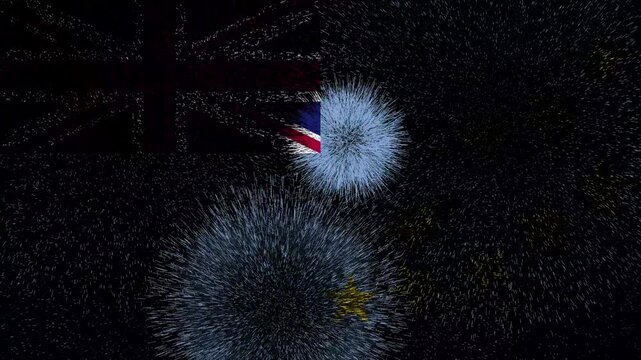 Tuvalu flag - Waving flag on celebrating fireworks for national holiday day. Ceremony for patriotic celebration of nation 