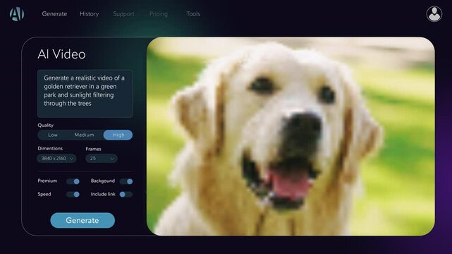 AI Video Generator Playback Template with Chatbot User Interface Creating a Realistic Golden Retriever Dog Sitting Outdoors on a Green Backyard Lawn, Looking at Camera. Smart, Cute and Noble Pet