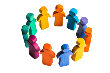 A colorful circle of wooden people figures representing unity, diversity, and community engagement on a white background.