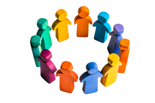 A colorful circle of wooden people figures representing unity, diversity, and community engagement on a white background.