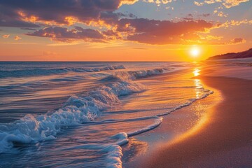 Sunset Waves Crashing on Serene Beach Coastal Paradise Nature Photography Tranquil Scene