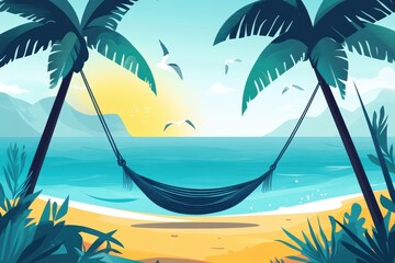 Tranquil tropical beach scene with hammock and palm trees at sunset