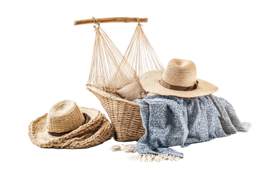 A cozy setup featuring a hammock, straw hats, and a soft blanket, perfect for outdoor relaxation and summer vibes.