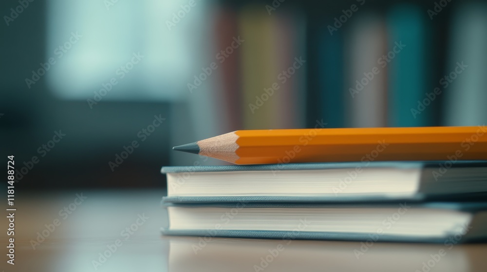 Poster orange pencil lies on a stack of books, with a blurred library bookshelf in the background, creating