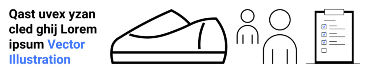 Black outline of a sneaker, two human figures, a checklist, and placeholder text. Ideal for fashion, sports, fitness, human resources, organizational tasks, efficiency, UIUX design. Landing page