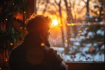 Contemplative Man Watching Sunset Through Window Cozy Room Lifestyle Peaceful Atmosphere