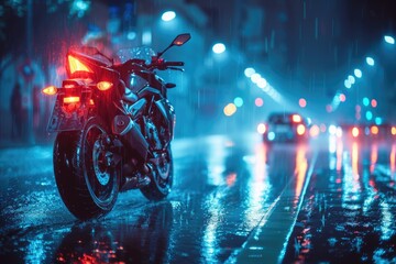 Motorcycle Riding in Rainy Night City Streets Action Photography Urban Scene