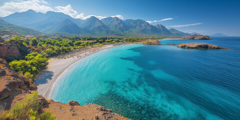 Fototapeta premium Scenic beach adventure mediterranean coast landscape photography serene environment aerial view nature's beauty unveiled