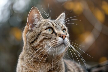 Curious Cat Observing Nature Outdoor Setting Animal Portrait Autumn Background