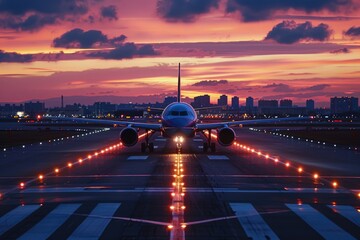 Airplane Taking Off at Sunset Airport Runway Photography Urban Landscape Front View