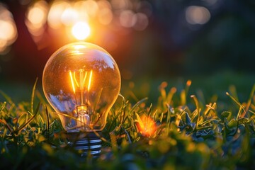 Illuminating Sunset Scene with Light Bulb on Grass Nature Photography Outdoor Serenity