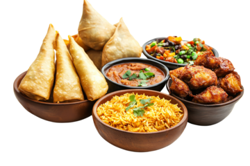 A delicious array of Indian cuisine featuring samosas, rice, savory curries, and mixed vegetables in traditional bowls on a white background.
