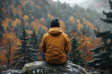 Contemplative Hiker Mountain Forest Photography Rainy Season Back View Serenity