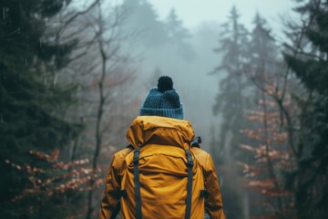 Exploring Nature's Serenity Adventurer in Misty Forest Outdoor Photography Tranquil View