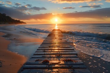 Sunset View over Wooden Pier at Beach Scenic Landscape Photography Tranquil Atmosphere
