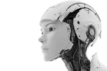 A detailed side view of a futuristic robotic head, showcasing metallic features and advanced technology. Perfect for themes of innovation and AI.