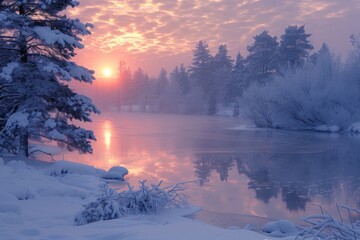 Sunrise Over Icy Lake Winter Landscape Tranquil Nature Scene Serene Environment