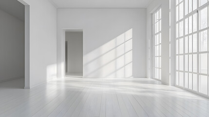 Fototapeta premium A blank white interior room background with empty walls and a white wood floor creates a contemporary feel.