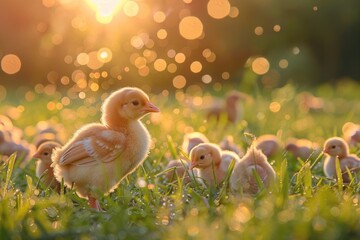 Charming Ducklings Playing in Sunlight Meadow Wildlife Photography Vibrant Environment