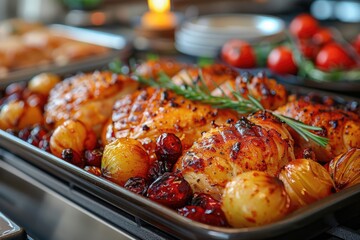 Delicious Roast Chicken Dinner Preparation in Cozy Kitchen Culinary Photography Home