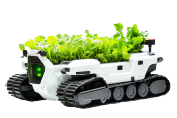 A futuristic robotic vehicle with a greenery-filled container, designed for efficient farming and plant cultivation, showcasing advanced agricultural tech.
