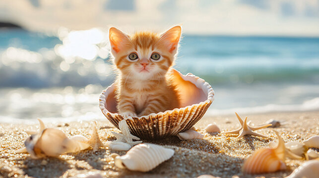 A small orange kitten sitting inside a seashell on a sandy beach with the tide gently rolling in, surrounded by scattered seashells and starfish on the shoreline 