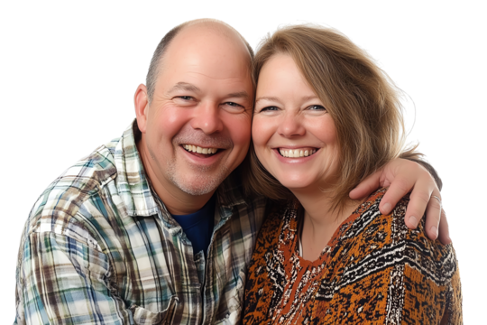 A joyful couple sharing a warm embrace and smiling at the camera, expressing love and happiness against a white isolated background.