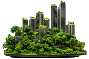 A modern eco-friendly cityscape with towers covered in lush greenery, showcasing sustainable architecture and urban gardening.