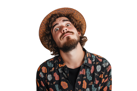 A man with a playful expression, wearing a patterned shirt and a straw hat, against a white isolated background.