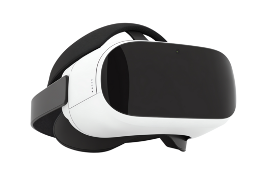 A modern virtual reality headset displayed against a simple white background, showcasing its sleek design and innovative technology for immersive experiences.