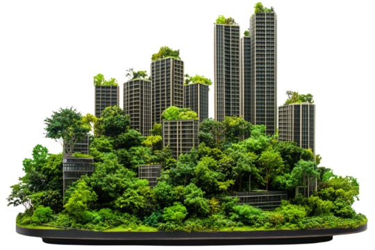 A modern eco-friendly cityscape with towers covered in lush greenery, showcasing sustainable architecture and urban gardening.