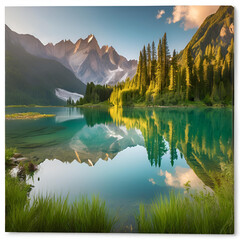 Naklejka premium Mountain lake with reflection of mountains in the water generated by ai