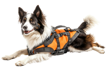 A playful dog in an orange harness, lying down with a happy expression, on a white isolated background.