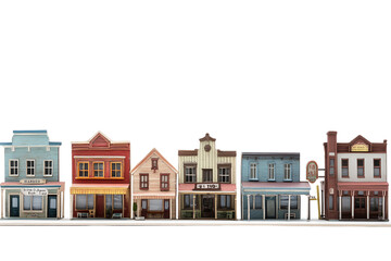 Fototapeta premium A row of colorful, vintage buildings showcasing unique architectural styles against a white isolated background.