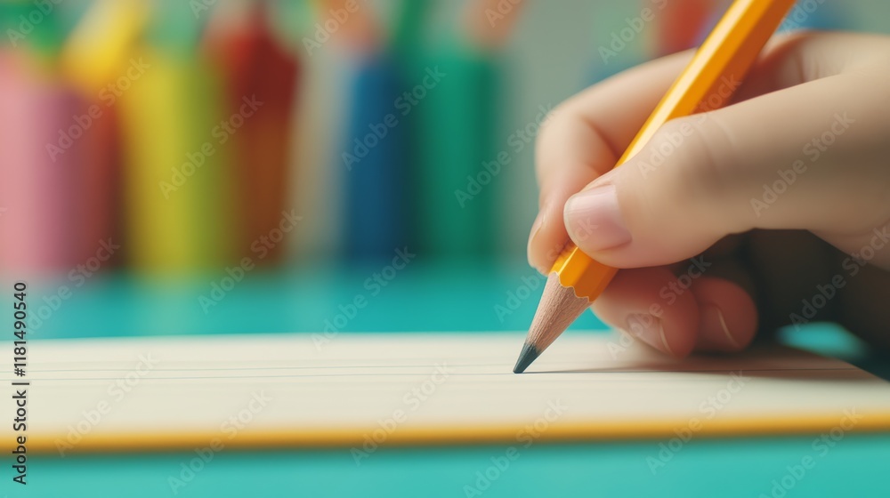 Poster close up of a child's hand holding a pencil and writing in a lined notebook, surrounded by a blurred