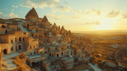 Fototapeta premium A dreamy scene of Cappadocia lit by the golden hour, with complex patterns of light and shadow on the rocky surfaces