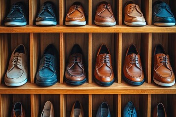 Collection of stylish leather dress shoes in wooden display