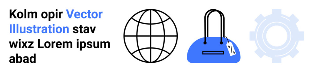 Globe icon, handbag with tag, and gear icon next to text. Ideal for business, travel, retail, commerce, technology online services and innovation. Landing page