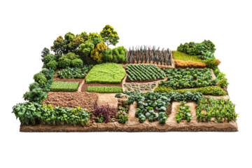 A vibrant, aerial view of a diverse vegetable garden layout, showcasing various patches of greens, herbs, and plants in organized plots.