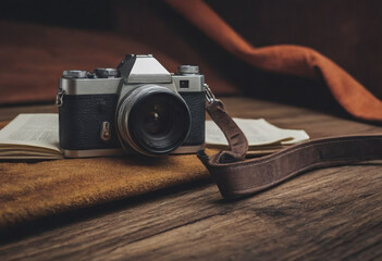 vintage camera close up, realistic illustration