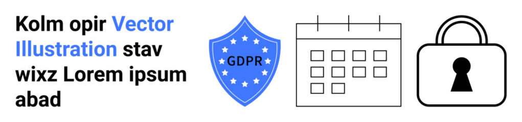 GDPR shield for data protection, calendar for scheduling or time management, and lock icon for security. Ideal for online security, privacy policies, data management, compliance, secure scheduling