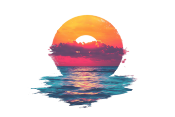 A vibrant sunset reflecting on calm ocean waters, featuring blend of warm oranges, pinks, and blues. Ideal for coastal or nature-themed projects.